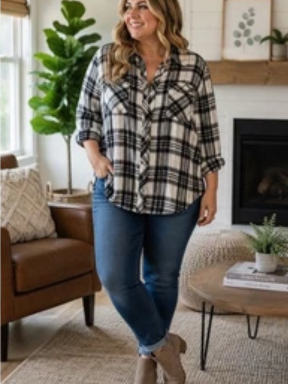 Avenue Womens Flannel Shirt 18/20 Black White Plaid Button Front Plus Size